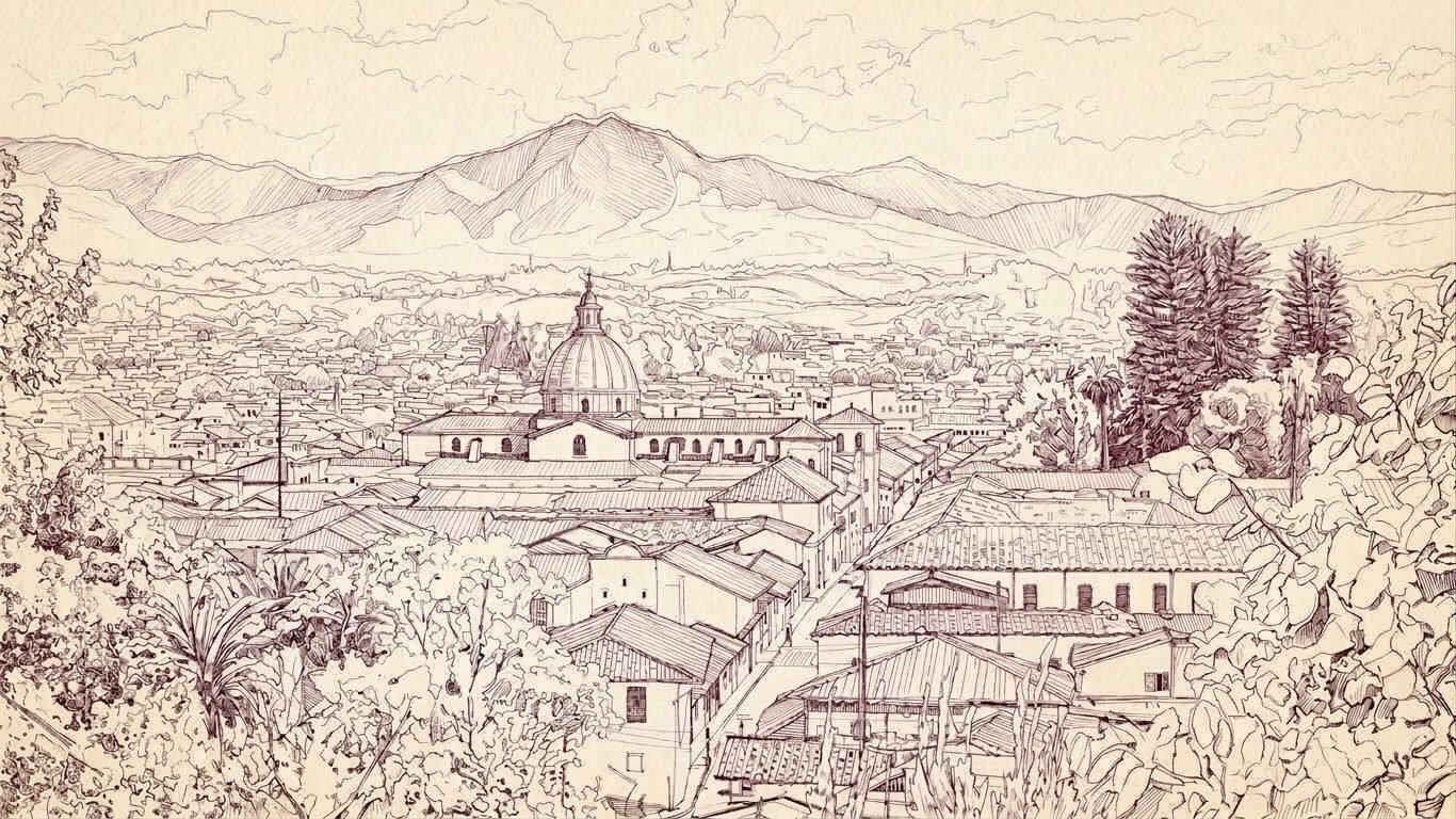 Ilustración a tinta de Popayán con la cúpula de la catedral y las montañas al fondo